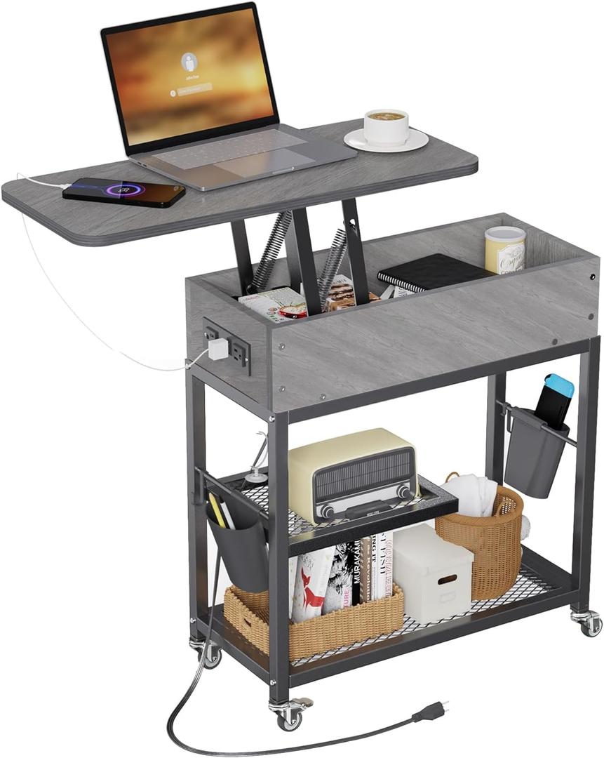 Colima Lift Top End Table with Charging Station and Wheels, Sofa Side Table with USB Port & AC Outlets, Movable Bedside Nightstand with Side Bag for Office Living Room Bedroom(Gray) (Grey)
