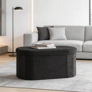 DUMOS Ottoman Bench End of Bed, 30 Inch Ottoman with Storage, Foot Rest Bench Stool with Cushion, Oval Round Folding Storage Chest for Bedroom, Living Room, Entryway, Dorm, Teddy Fabric, Black