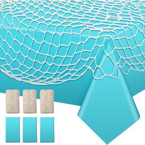 Unittype 6 Pcs Fish Net Decorative and Tablecloth Set, Cotton Fishnet and Plastic Table Cover Decorations Set for Nautical Themed Party Baby Shower Pirate Decorations Mermaid Party(Turquoise)