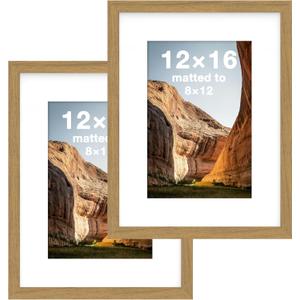 FrameWorks 12x16 mat to 8x12 Classic Wooden Picture Frames With Tempered Glass | Golden Oak | 2-Pack