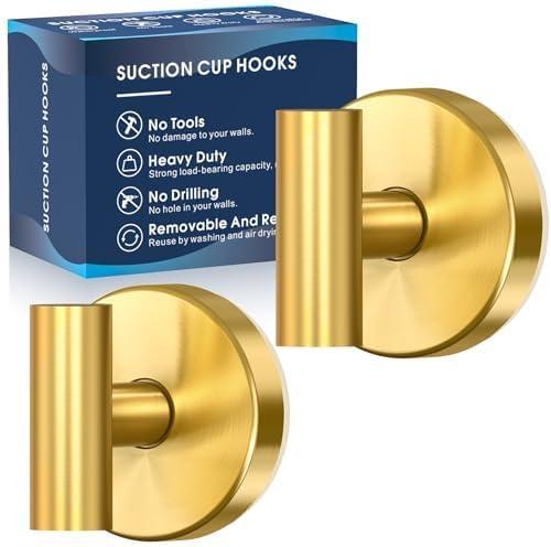 Suction Cup Hooks for Shower,Heavy Duty Shower Towel Suction Hooks,No Drill Wall Mounted Towel Hooks for Bathrooms Wall,Kitchen,Glass,Mirror,Tile to Hang Towels, Robes, Coat- Gold (2 Pack)