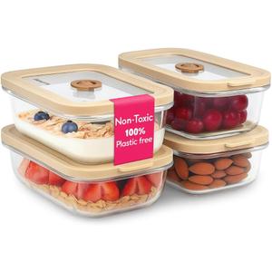 Ziruma Non-Toxic 1.5 cup Glass Food Storage Containers with Lids - Overnight Oats, Plastic Free Meal Prep, Reusable, Airtight, Microwave and Freezer Safe, 4 Pack
