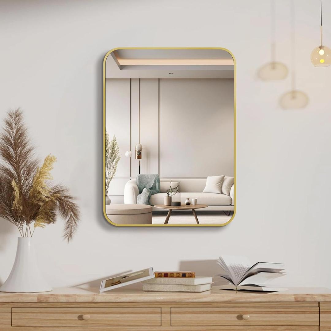 16"x20" Brushed Gold Mirror for Wall, Bright Gold Rounded Rectangle Mirror with Metal Frame Hanging for Bathroom Entryway Vanity,Living Room,Bedroom,Vertical or Horizontal