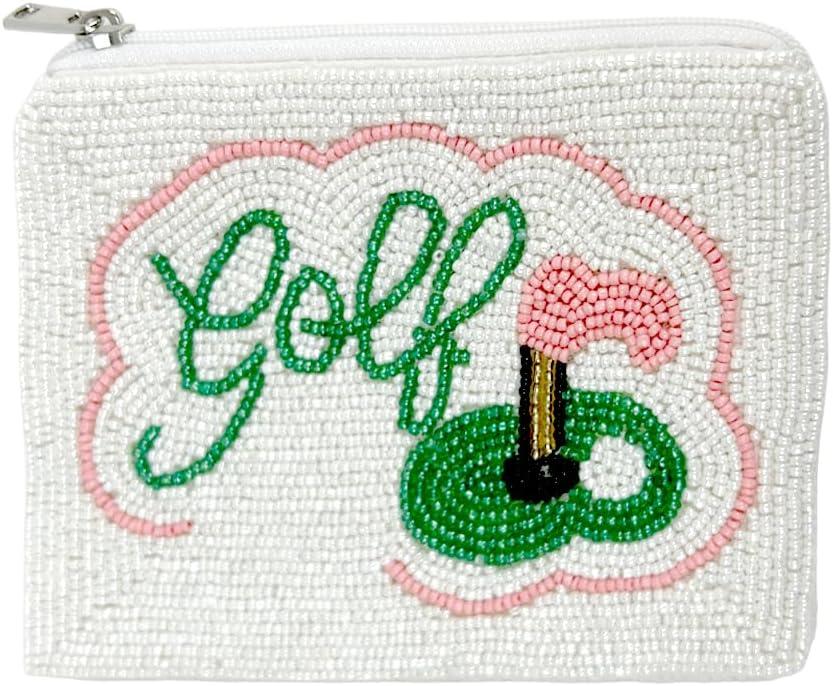 Pearl Beaded Coin Purse Handmade with Colorful Designs Savings Bag Small Zipper Pouch for Cash Card & Makeup (Golf)