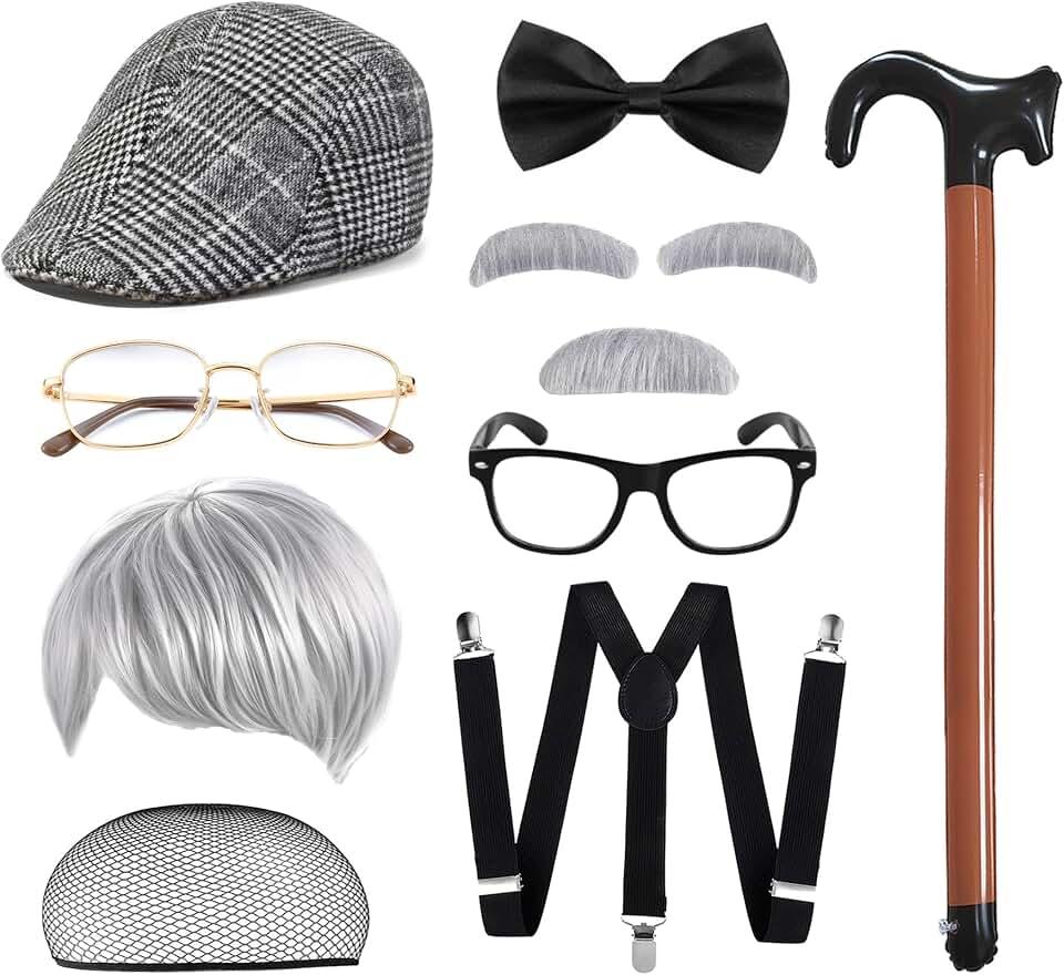 Old Men Costume Set Grandpa Accessories Fedora Hat Wig Moustache Suspenser Inflatable Walking Cane Cosplay Roaring 1920s Outfits for Men Grey