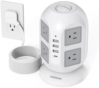 TESSAN Tower Surge Protector Power Strip 10 ft, Long Flat Extension Cord with Multiple Outlets, 8 AC Outlets with 4 USB Ports (1 USB C), Charging Station with Surge Protection, for Home Office Dorm