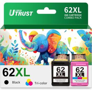 62XL Ink Cartridges Black and Color Replacement for HP Ink 62 62XL Works with HP Envy 7640 5660 7645 5540 OfficeJet Mobile 250 200 OfficeJet 5740 5741 8040 Printer Ink 62 (1 Black, 1 Tri-Color)