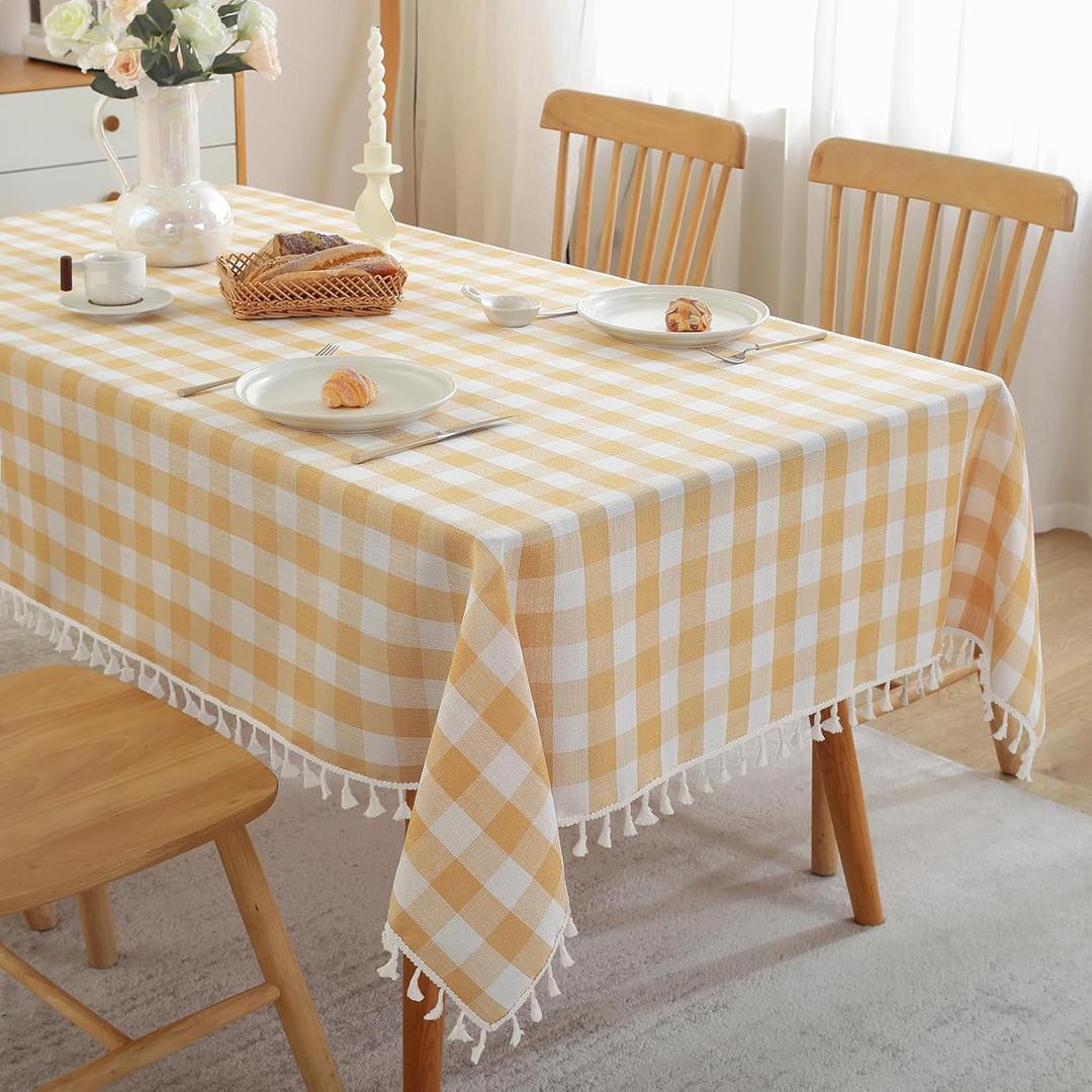 Tablecloth Rectangle Cotton Linen Fabric Checkered Table Cloth with Tassel Washable Wrinkle Free Buffalo Plaid Table Cover for Outdoor Party Picnic Kitchen Dining, Yellow,55x75 - Pack of 6