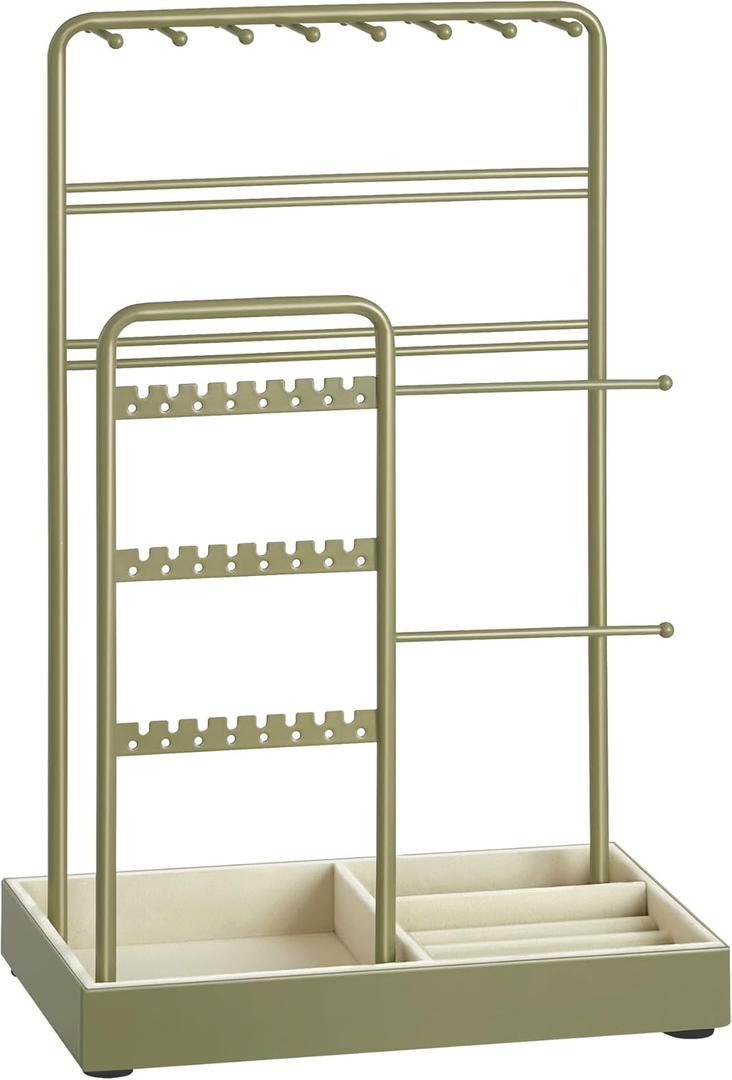 SONGMICS Jewelry Holder, Jewelry Organizer, Jewelry Display Stand with Metal Frame, Velvet Tray, Necklace Earring Bracelet Holder, for Studs, Rings, Gift Idea, Laurel Green UJJS021C02 (4.5"D x 7.7"W x 12.1"H)