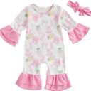 My First Easter Baby Girl Outfit Bunny Egg Ruffle Romper Long Sleeve Flare Jumpsuit with Headband Newborn Clothes (Pink, 12-18 Months)