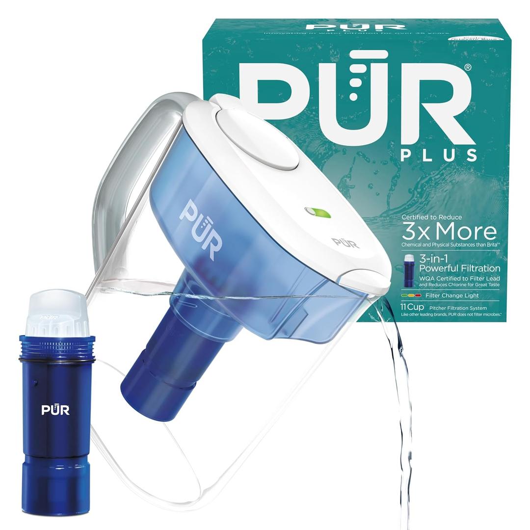PUR Plus 11-Cup Water Pitcher, 1 Lead-Reducing Filter, Cleaner, Great-tasting Water, Dishwasher Safe, Powerful Filtration, Filter Change Light Indicator, LockFit Cap Design - White