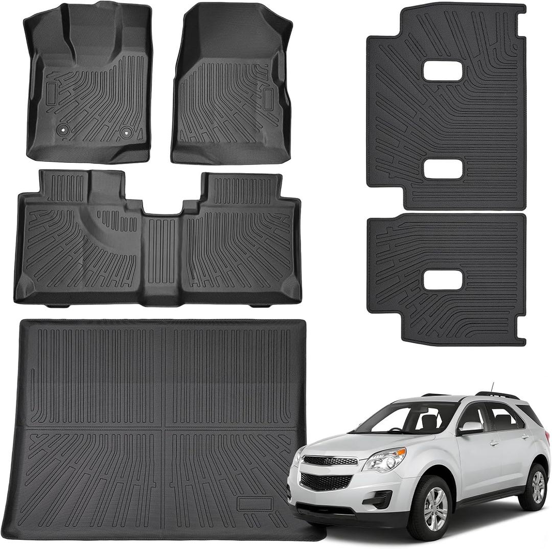TPE All-Weather Floor Mats Set Compatible with Chevy Equinox 2012-2017 5 Seats - 1st & 2nd Row Floor Liners + Cargo Liner Trunk Mat + Backrest Protector Waterproof, Anti-Slip Interior Accessories