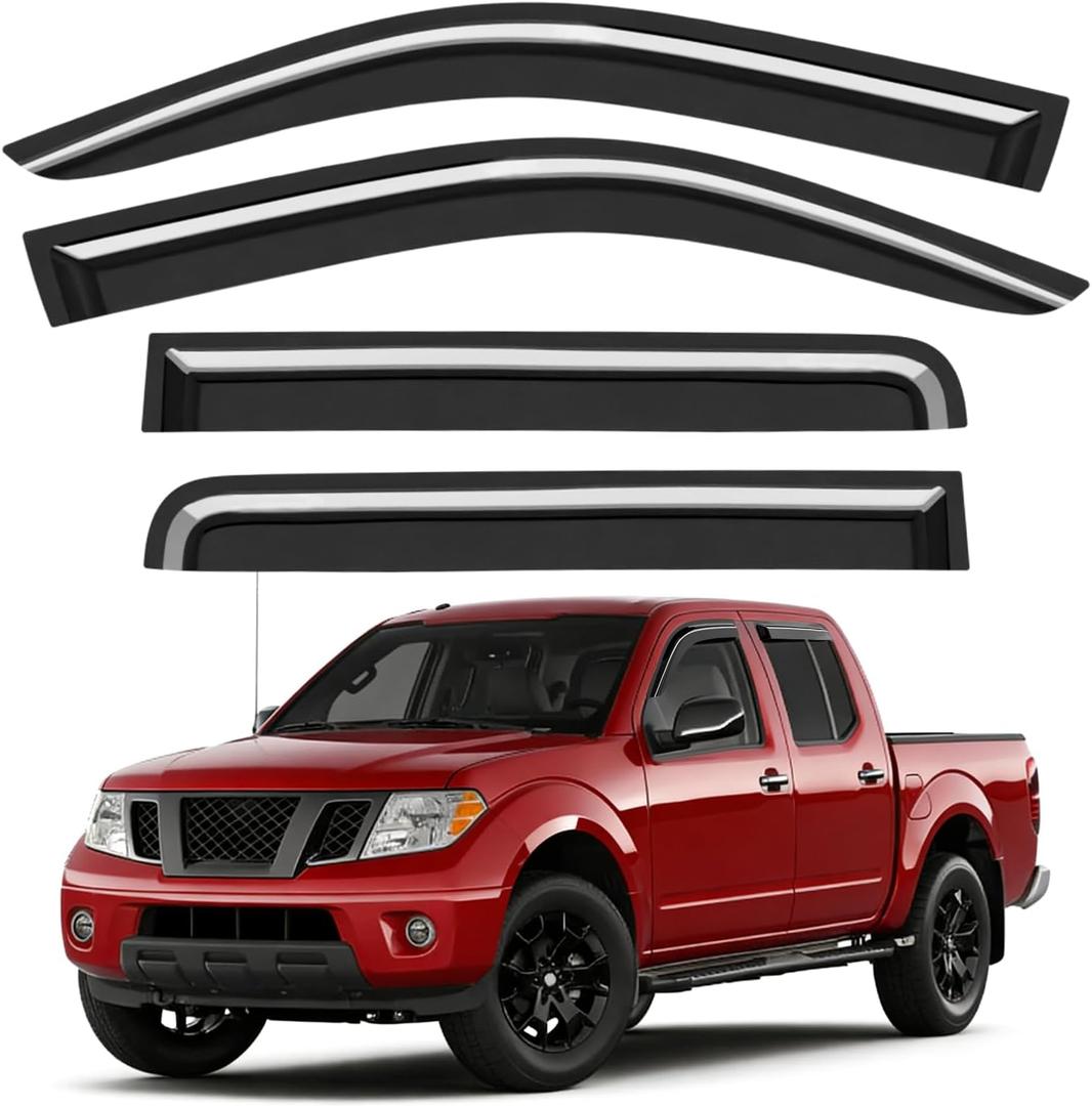 Outside-Mount Window Rain Guards Fit for 2005-2021 Nissan Frontier Crew Cab, Extra Durable Window Visors Wind Deflector Dark Smoke Vent Shades Car Tape-on with Thicker 4PCS
