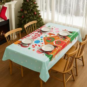 Christmas Tablecloth Sweet Festive Gingerbread House with Merry Christmas Print 83 x 60 Inch Table Cover Rectangle Dining Table Cloth Holiday Party Decorations
