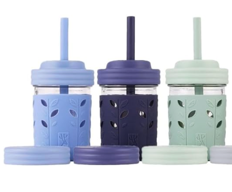 Elk and Friends Kids + Toddler Glass Cups | The Original 8oz Glass Mason Jar with Sleeves + Lids | Silicone Straws + Stopper | Smoothie Cup | Food Storage | Spill Resistant | Dishwasher Safe | 3 Pack