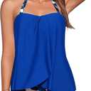 Summer Mae Bandeau Tankini Swimsuits for Women 2025 Removable Halter Swim Tops Two Piece Flowy Bathing Suits with Bottom Blue Leopard Pattern, Size: 10