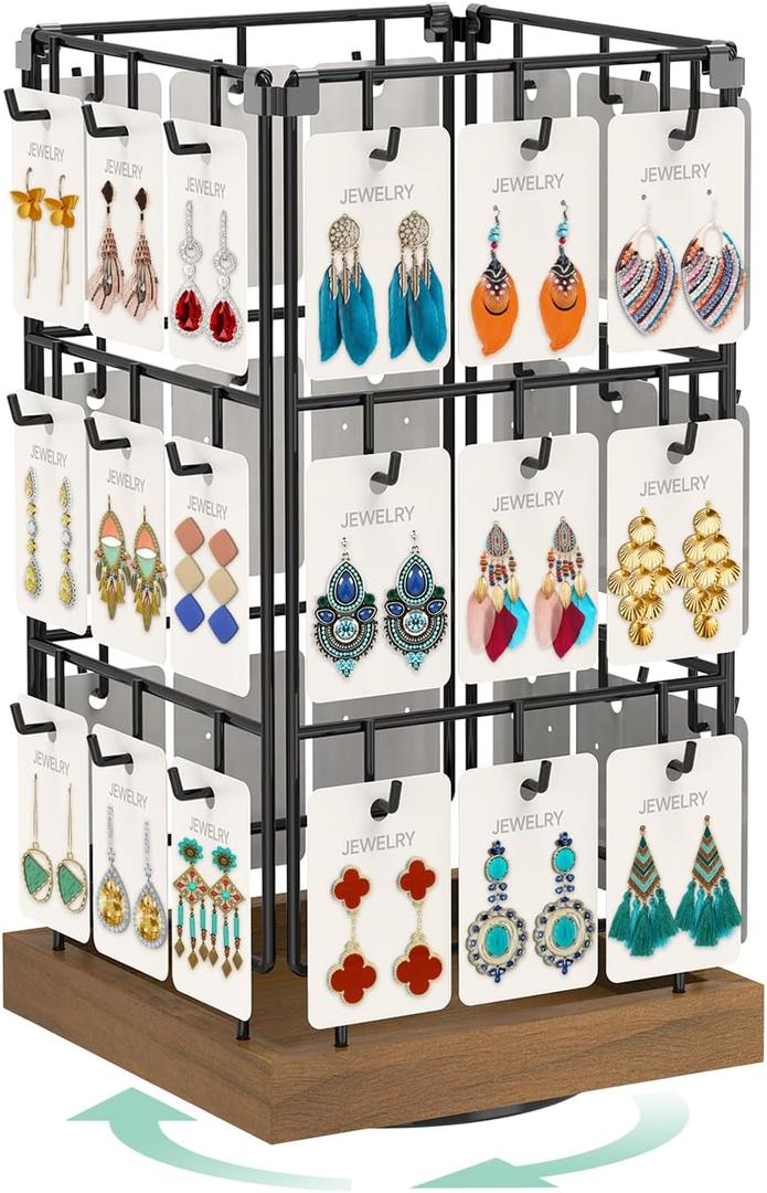 EsLuker.ly Rotating Earring Display Holder Stand for Vendors Events Selling, Large Capacity 36 Hooks Jewelry Rack with Wooden Base for Earring Card Sales, Enhances Retail Visibility(Brown)