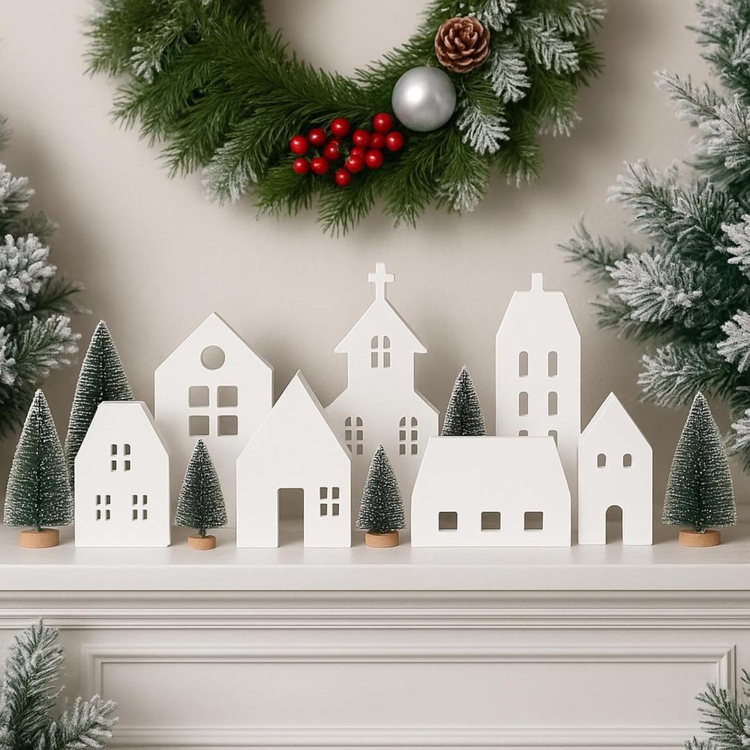 14 Pcs White Christmas Village Sets Wooden Houses Blocks Mini Pine Trees Christmas Town Village Decor for Winter Holiday Tiered Tray Fireplace Mantel Window Table Centerpieces