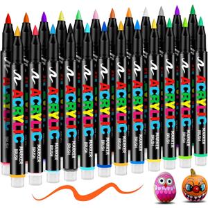 24 Acrylic Paint Markers, Waterproof Paint Pens Brush Tip with No-Bleed Automatic Ink, Fabric Markers for Rock, Metal, Glass, Wood, Canvas, Ceramic, Plastic, DIY Craft, Art Supplies