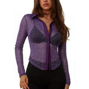 ZANZEA Women's Sexy Mesh Shirt Sheer Button Up Blouse See Through Long Sleeve Crop Top, Size Small