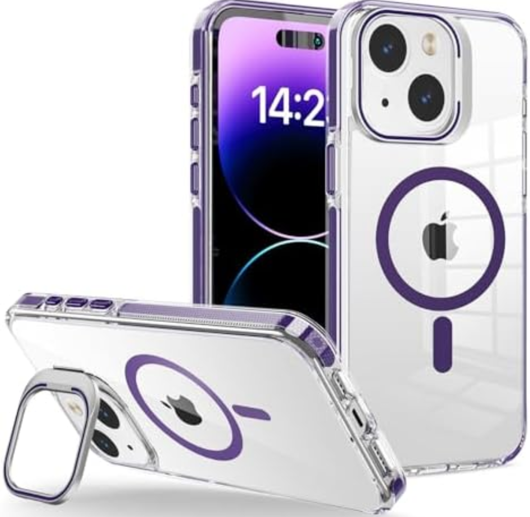WOGROO for iPhone 14 Case, [Compatible with MagSafe], Magnetic Kickstand Case for Women Girls, Case for iPhone 13, 6.1", Clear Purple
