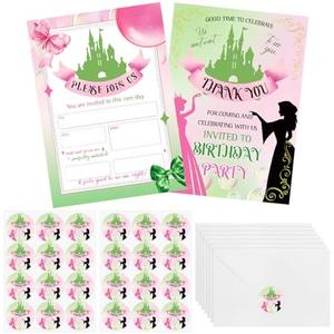 Marspark 30 Set Witch Birthday Party Invitations with Envelopes Princess Witch Stickers, Pink and Green Wizard Party Decorations Cute Musical Movie Fan Birthday Cards for Wizard Movie Decor