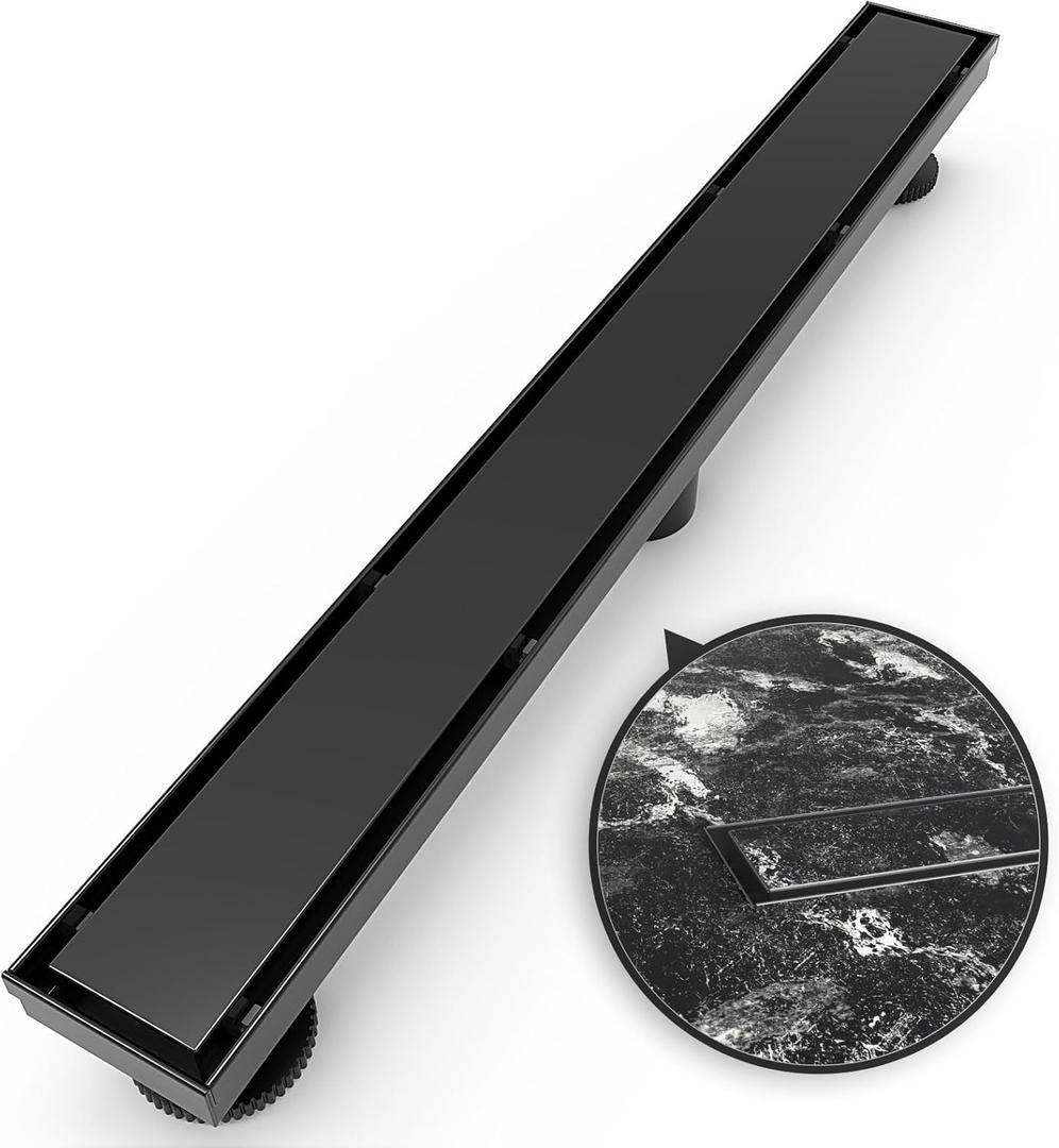 WEBANG 32 Inch Linear Shower Drain Rectangular Floor Drain with Accessories Reversible 2-in-1 Cover Tile Insert Grate Removable SUS304 Stainless Steel CUPC Certified Matte Black