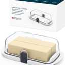 KITCHENDAO Large One-handed Butter Dish with Lid for Countertop, Airtight Butter Holder with One Press to Open/Close Secure Latching Buckle for East Coast/West Coast/European/Kerrygold Butter(White)