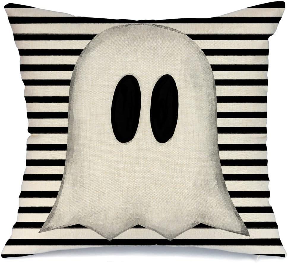 AACORS Halloween Throw Pillow Cover 20X20 Inch White Ghost Striped Decorations Holiday Farmhouse Cushion Case for Home Sofa Couch Decor AA012-20