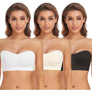 Lusait Strapless Bra for Women Non-Slip Silicone Padded Bandeau Bra Wireless Tube Top Bralette (Medium, Black+white+beige)