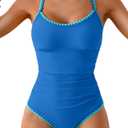 Eomenie Women's One Piece Swimsuit Tummy Control Slimming Bathing Suit Ruched Swimwear Tie Back Shell Stitch Swim Suit (XX-Large, Blue)