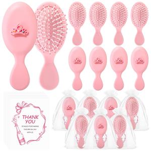 Meanplan 12 Sets Princess Party Favors Small Crown Pink Hair Brush Mini Compact Travel Hairbrush Thank You Cards for Girls Princess Birthday Party Decoration Gifts