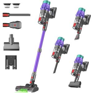 Cordless Stick Vacuum Cleaner, 650W 55KPA Up to 70Min Runtime, Green Light Anti-Tangle Brush, 7-Stage HEPA Filtration, Lightweight for Pet Hair Carpet Hard Floors (Purple)