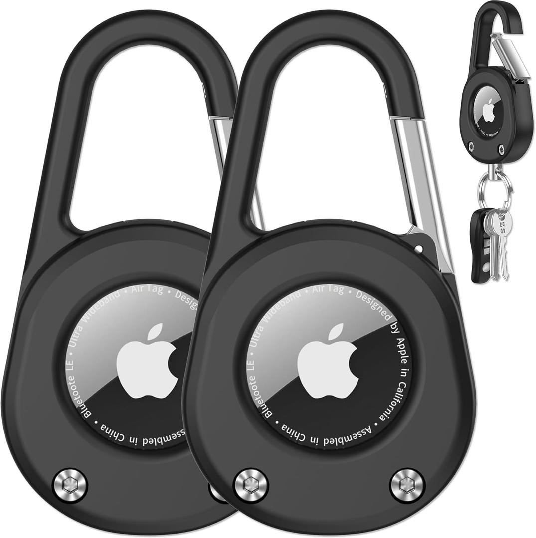 SCALLOP for AirTag (1st & 2nd Gen) Keychain with Carabiner,Thick Hard PC Air Tag Holder,IPX8 Waterproof,Secure Lock (Black 2 Pack)