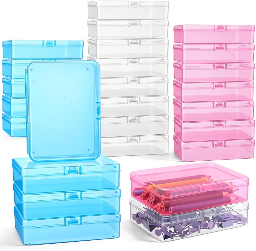 Dunzoom 25 Pcs Plastic Crayon Boxes with Lids, 4.53 x 3.35 x 1.1 Inches Stackable Small Storage Organizer Containers Crayon Pencil Case for Art Crafts Jewelry Beads Office Supplies(Multicolor)