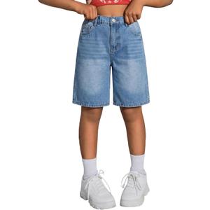 Girls Jean Shorts Baggy Wide Leg Washed Bermuda Denim Shorts Straight Leg Cute Summer Y2K Streetwear 7-14Y