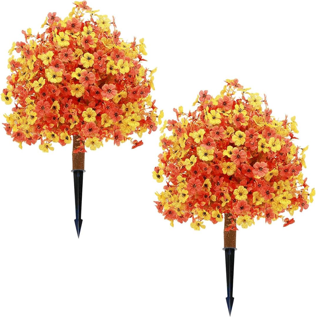 Set of 2 Fall Artificial Boxwood Topiary Trees Fake Mums Fall Flowers Shrubs Bushes Plants with Ground Spike Faux Fall Artificial Tree with Autumn Elements Artificial Flower Topiary for Indoor Outdoor