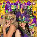 8X6FT Mardi Gras Backdrop Purple Gold Mask Mardi Gras Party Decorations Carnival Birthday Masquerade Photography Background Wedding Dress-up Party Banner Photo Shoot Props
