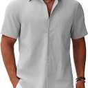 COOFANDY Men's Button Down Short Sleeve Shirt Casual Cotton Summer Beach Linen Wedding Shirts with Pocket (Gray, M)