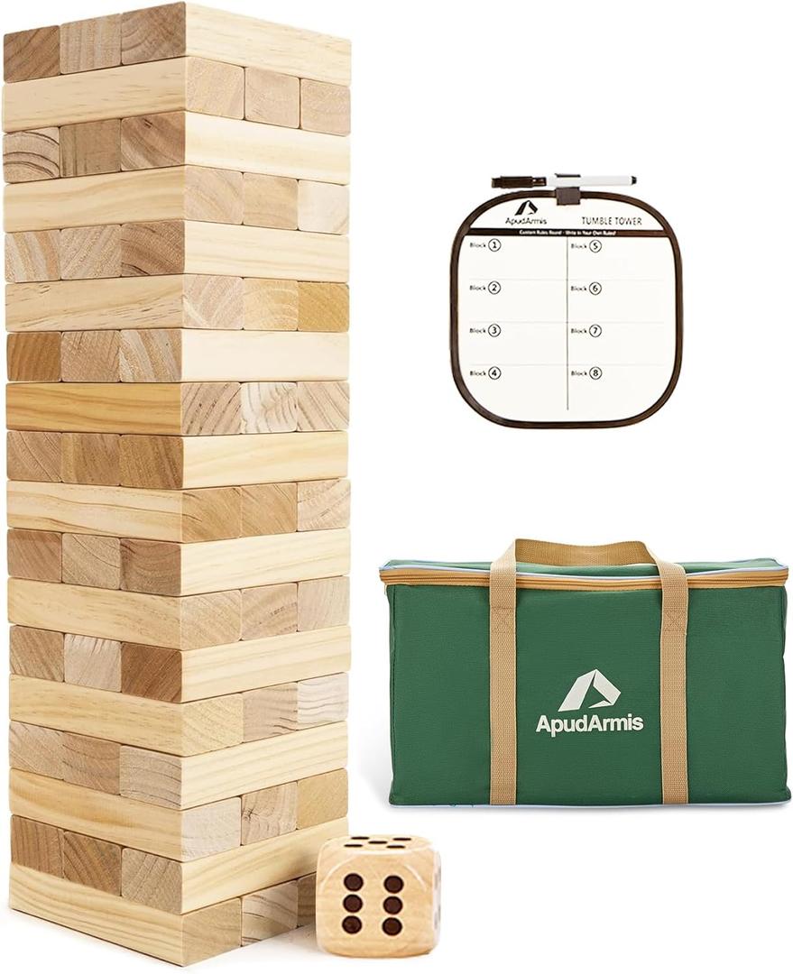 ApudArmis Giant Tumble Tower (Stack from 2Ft to Over 4.2Ft), 54 PCS Pine Wooden Stacking Timber Game with 1 Dice Set - Classic Block Giant Outdoor Game for Teens Adults Family (Burlywood)