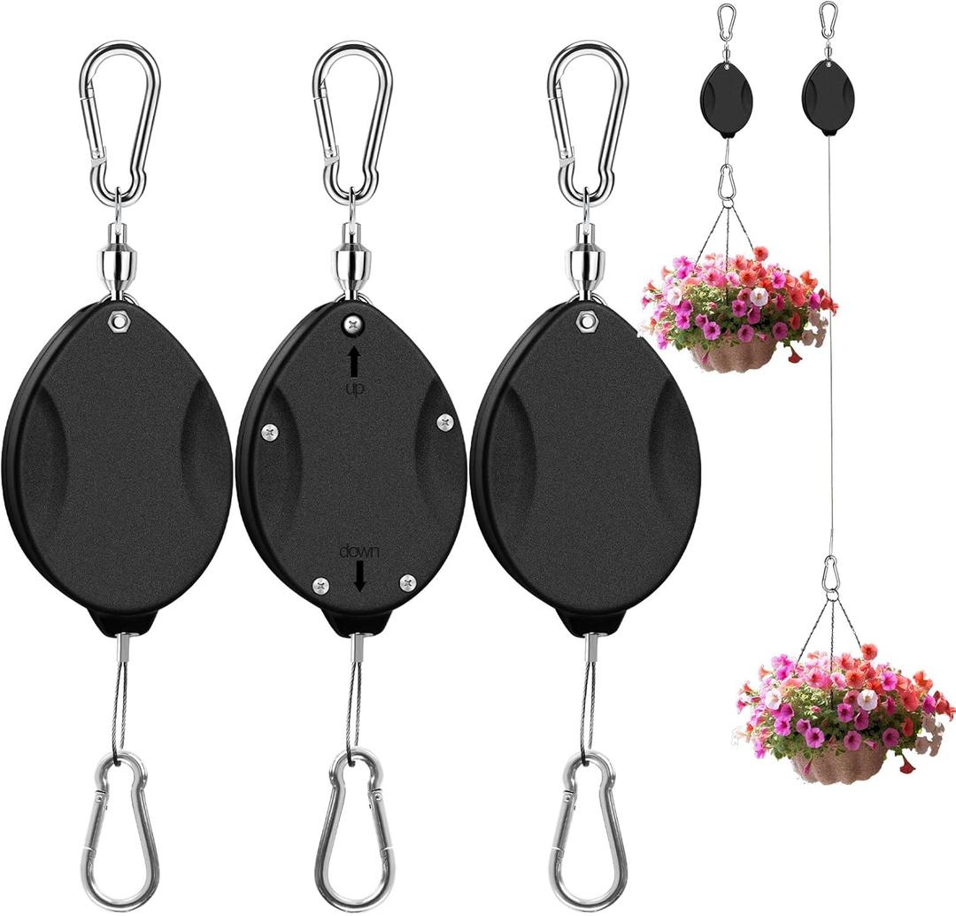 ZUZUAN 3 Pcs Upgraded Heavy Duty Retractable Plant Hanger, Plant Pulleys for Hanging Plants, Easy to Raise and Lower, Auto Lock, Adjustable Hook for Garden Baskets Pots, Birds Feeder and Grow Lights, Black