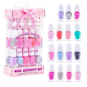 SIMPLE PLEASURES Pink Bow Kids Nail Polish Set for Girls  14 Water-Based Non -Toxic Nail Art Kit - Gift Set for Ages 7-12