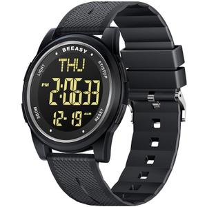 Beeasy Digital Watch for Men Women, 50M Waterproof Ultra-Thin Lightweight Silicone 44mm Sports Watch with Alarm, Stopwatch and Countdown Timer, Ideal for Gym, Running, School and Daily Wear (Black Dial)