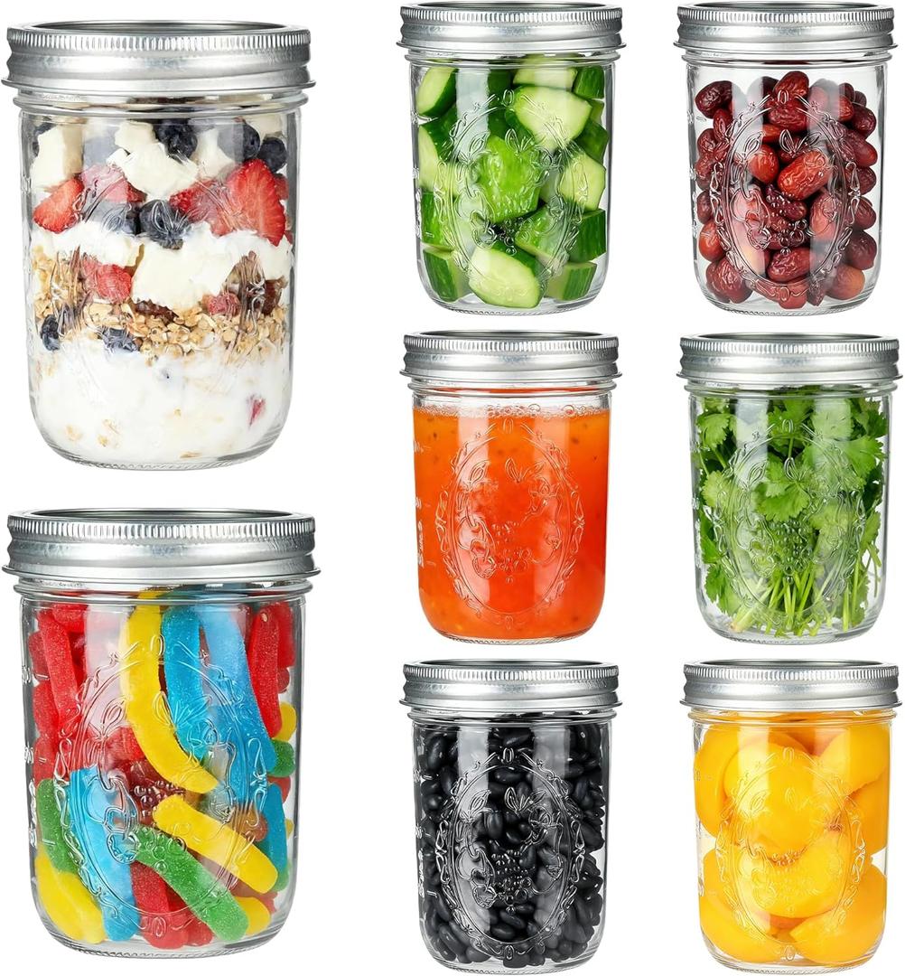 P&C GOODS Wide Mouth Mason Jars 16 oz with Lids 8 Pack, Canning Jars with Metal Airtight Lids and Bands, 16 oz Mason Jars for Fermenting, Freezing, Preserving, Meal Prep