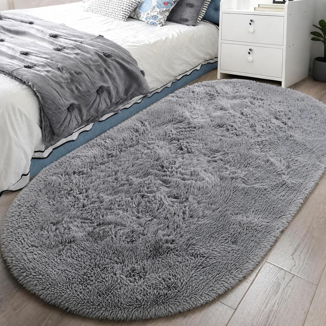 LOCHAS Bedroom Rug 2.6' x 5.3', Gray Fluffy Shaggy Area Rug for Bedroom Bedside, Soft Oval Throw Rugs Carpet for Kids Girls Nursery Living Room Home Decor