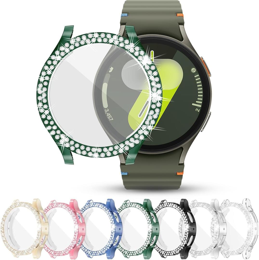 RICHONE [7-Pack] for Samsung Galaxy Watch 7 44mm Screen Protector Bling Case, Soft TPU Rhinestone Cover Full Protective Glitter Bumper for Galaxy Watch7 44 Sparkly Accessories for Women Men(SM-L310) (Gold/Green/Pink/Blue/Silver/Black/Clear)