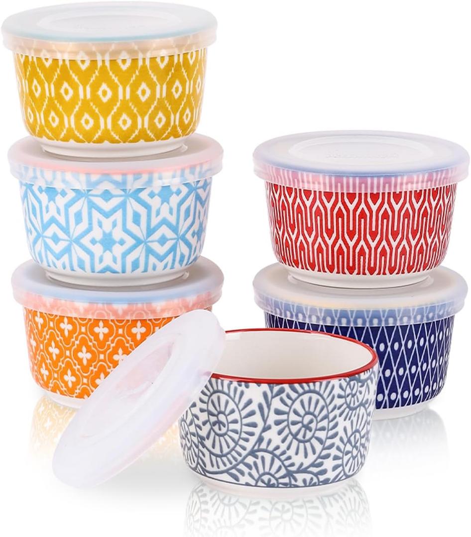 Selamica Ramekins with Lids 4 oz Oven Safe, Creme Brulee Ramekins Souffle Dishes with Covers, Stackable Ceramic Mini Ramekin Bowls Set for Dipping, Custard, Pudding, Baking, Set of 6, Assorted Colors