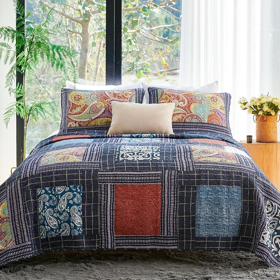 Secgo Queen Comforter Set for Bed - 100% Cotton Quilts Queen Size, Black Bedspreads (90 * 98 Inch) with 2 Pillow Shams, Patchwork Reversible Lightweight Bedding (Interstellar)