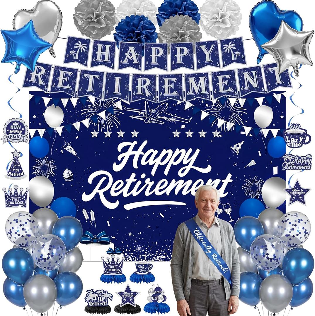 Retirement Party Decorations Blue Silver Happy Retirement Decorations for Men Women, Happy RetIrement Banner, Retired Backdrop, Balloons, Pompoms, Hanging Swirls, Retired Cards, Cake Toppers Set 54pcs