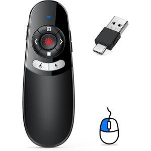 DINOSTRIKE 2 in 1 Type C and USB Presentation Clicker with Air Mouse Control, RF 2.4GHz Wireless Presenter Remote PowerPoint Clicker Slide Pointer Advancer for Computer Laptop Classroom Office